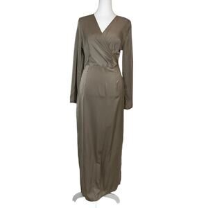 Elegant Taupe Metallic Silky V-neck Long Sleeve Women Dress A-line Maxi M